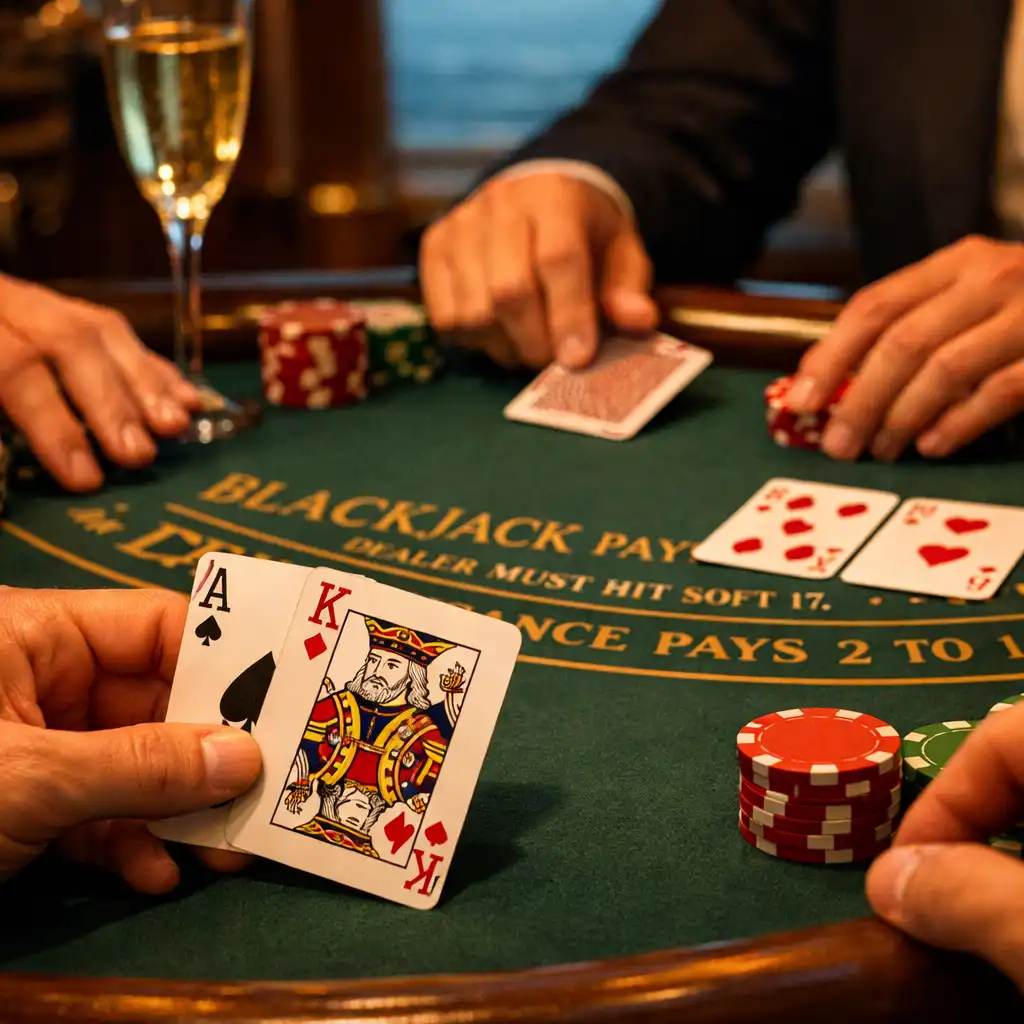 Stół do blackjacka na statku ze zbliżeniem na karty