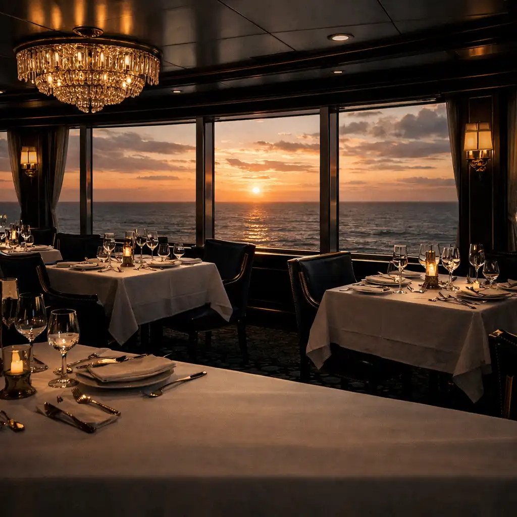 Eleganckie wnętrze restauracji na statku wycieczkowym z panoramicznym widokiem na ocean o zachodzie słońca