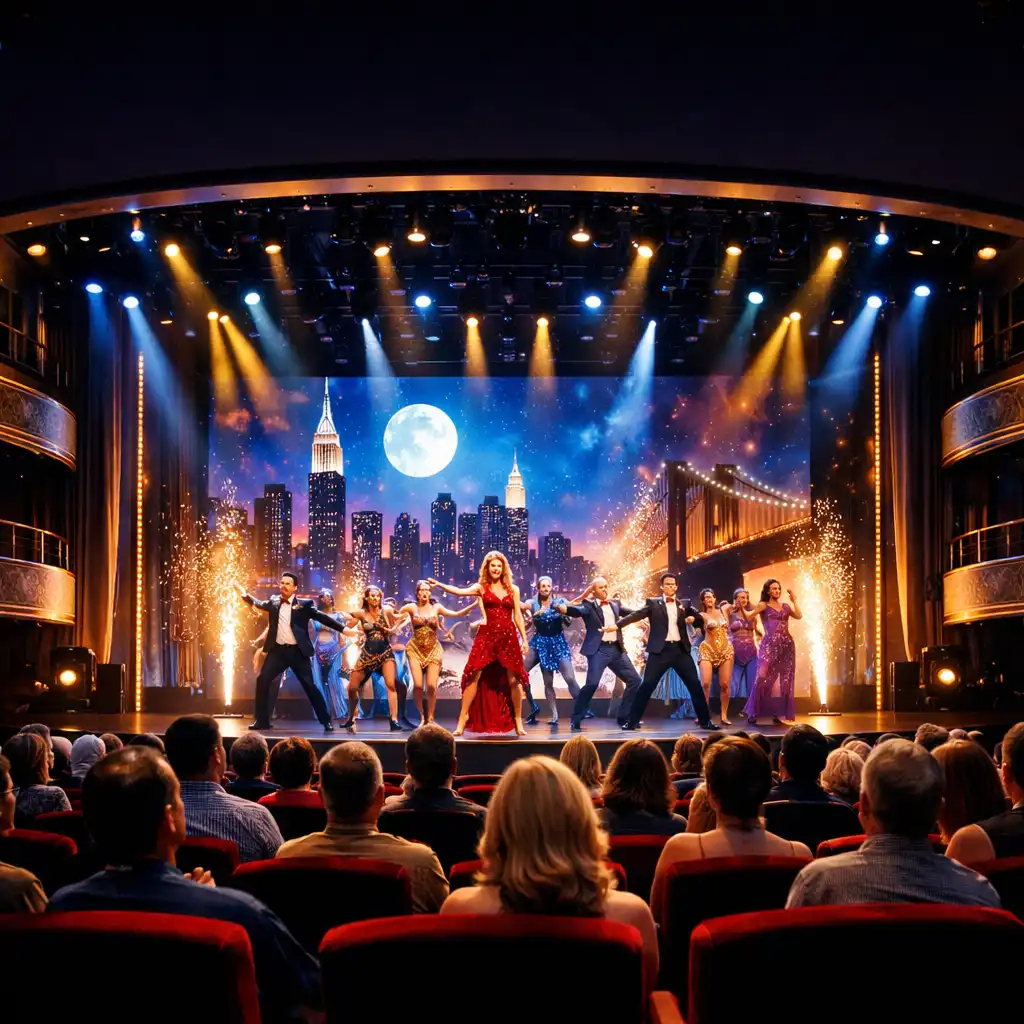 Widok na scenę teatru na statku wycieczkowym podczas spektaklu z rozświetloną sceną i publicznością