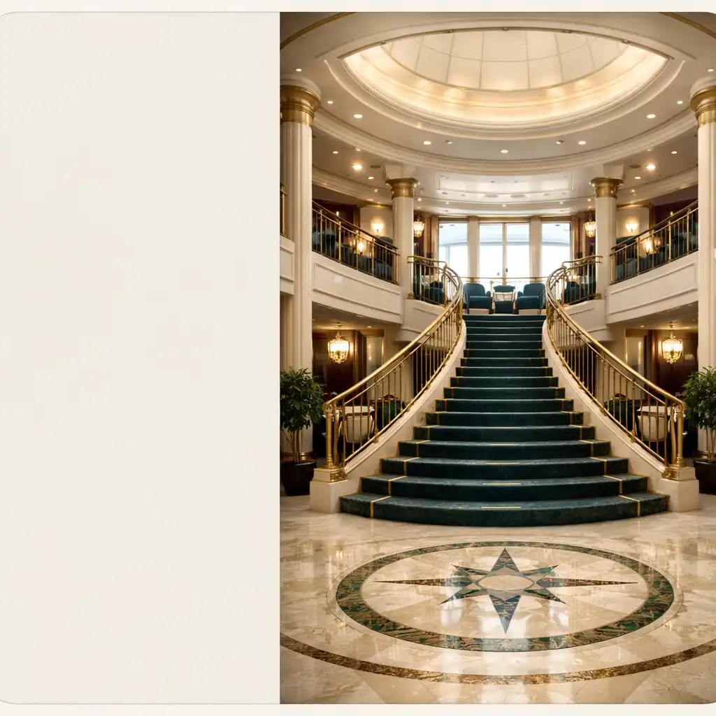 Eleganckie wnętrze atrium statku wycieczkowego z marmurowymi schodami i mosiężnymi balustradami