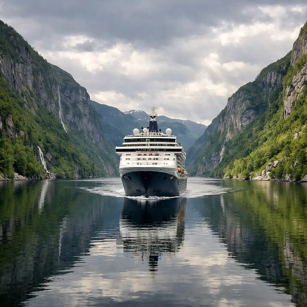Statek wycieczkowy płynący przez wąski fiord w Norwegii