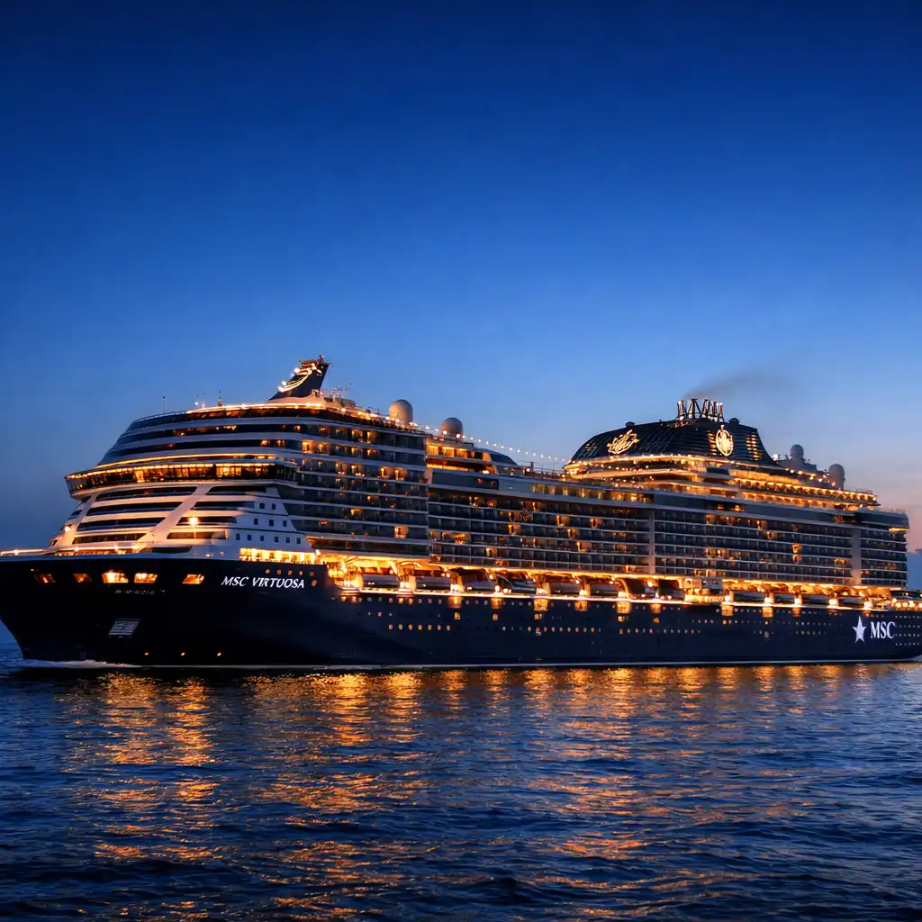 MSC Virtuosa z elegancką ciemnoniebieską sylwetką o zmierzchu