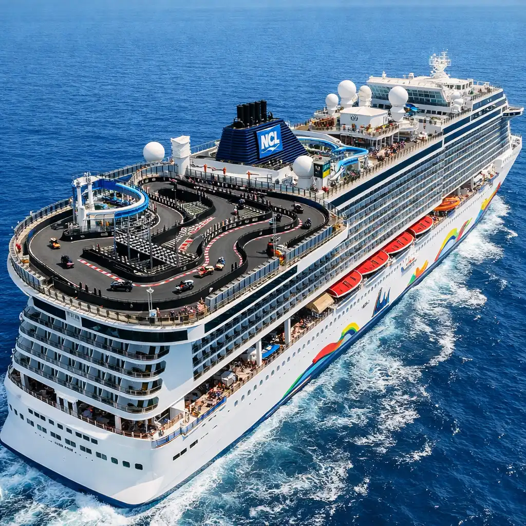 Norwegian Encore z widocznym torem gokartowym na górnym pokładzie