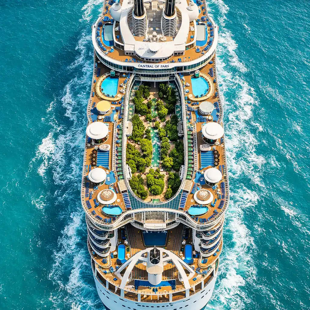 Oasis of the Seas widziany z lotu ptaka, ukazujący park centralny i baseny